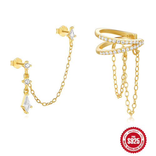 New S925 Sterling Silver Ear Clip Double Layer Tassel Chain Earrings Ear Buckle Inlaid with Diamonds Exquisite Light Luxury High-end Ear Jewelry