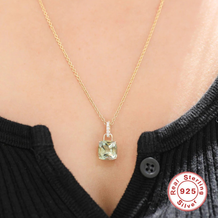 S925 Sterling Silver CZ Colorful Diamond Square Pendant Collarbone Necklace Korean Style Elegant Light Luxury Daily Office Worker Matching Jewelry