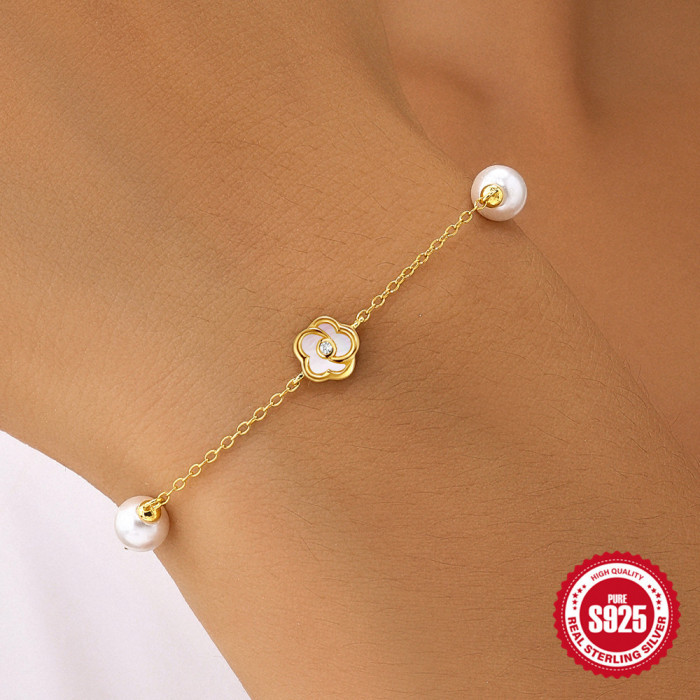 S925 Sterling Silver Pearl Five-Petal Flower White Shell Elegant Necklace Bracelet Set Korean Version Niche High-End Feel Jewelry Accessories