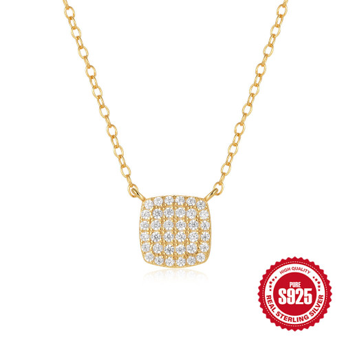 S925 Sterling Silver Square Stone Full Diamond Pendant Clavicle Chain Accessory European and American Hot-Selling New Design Ins Square Necklace