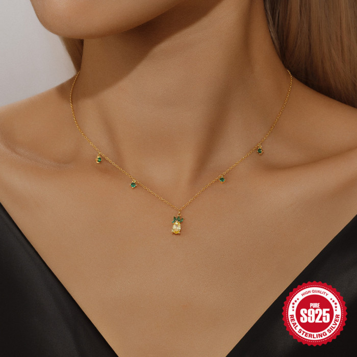 S925 Sterling Silver Summer Fruit Series Collarbone Chain European and American Hot-Selling Colorful Zircon Splicing Stackable Necklace Accessories