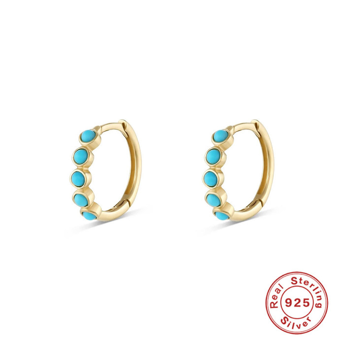 S925 Sterling Silver Turquoise Inlaid Diamond Hoop Earrings Fashion Classic Versatile Simple Ins Style Earrings