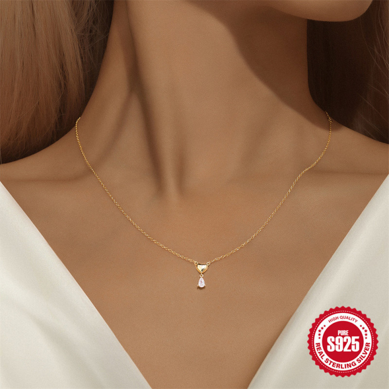 S925 Sterling Silver Minimalist Smooth Heart Water Drop Pendant Collarbone Chain European and American Hot Selling Diamond-Encrusted Elegant Classic Necklace for Women
