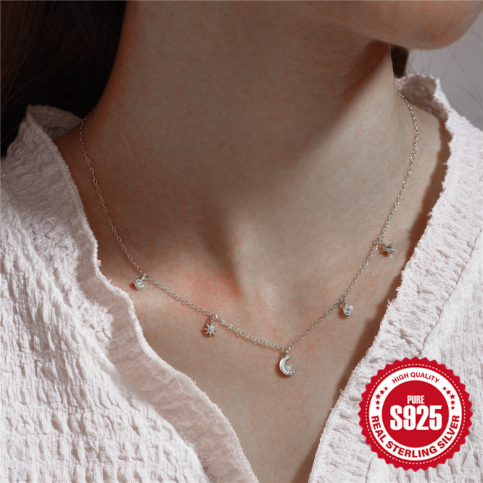 925 Sterling Silver Classic Star Moon Stone-Inlaid Layered Women's Necklace Hot-Selling Fashion INS Collarbone Chain