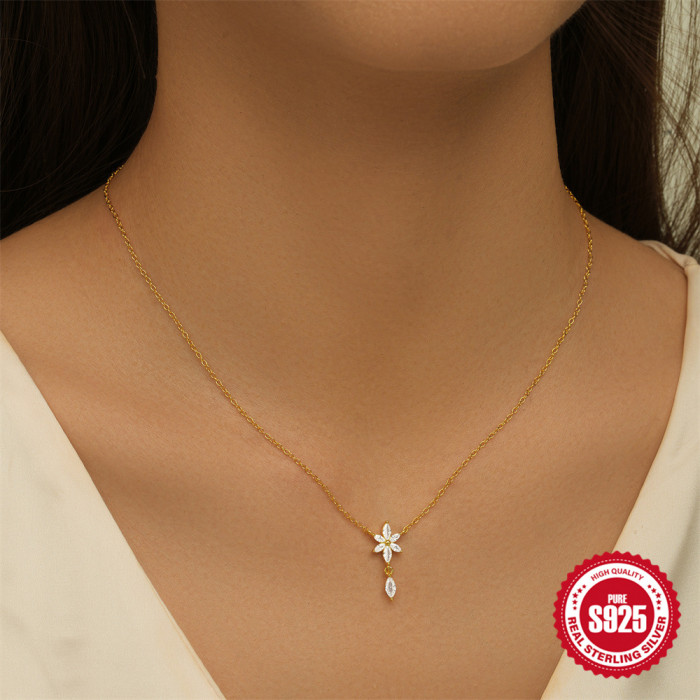 S925 Sterling Silver Marquise Zircon Floral Creative Versatile Collarbone Necklace European and American Cross-Border Hot-Selling Ins High-End Necklace
