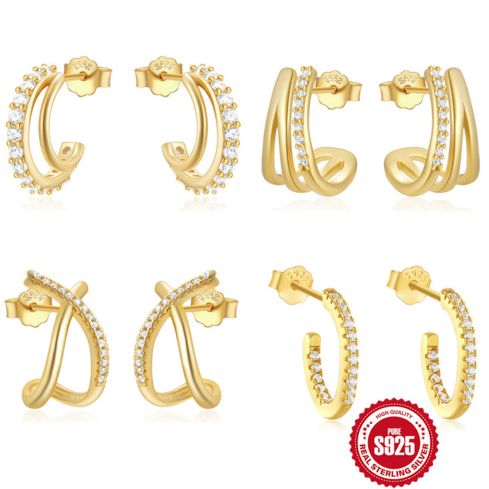 925 Sterling Silver C-Shaped Wave Single Row Stone-Studded Earrings Hoop Earrings Hot-Selling Classic Versatile Irr...