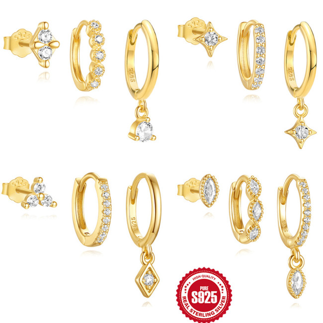 S925 Sterling Silver Oval Bezel Diamond-Studded Hoop Earrings Set European and American Hot-Selling Four-Pointed Star Elegant High-End Earrings