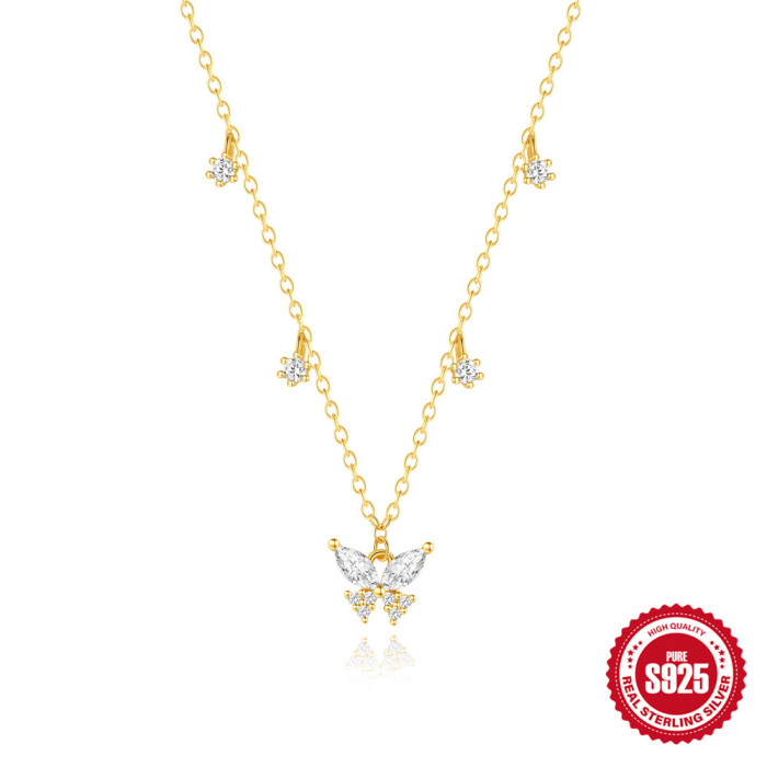 925 Sterling Silver Hot-Selling Butterfly Diamond-Studded Layered Women's Collarbone Chain European and American Cross-Border Hot-Selling INS Style Elegant Necklace