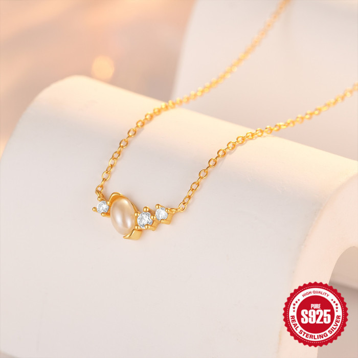 S925 Sterling Silver Geometric Shape Pearl Inlaid Diamond Women's Collarbone Necklace Korean Version Internet Celebrity Niche Design Collarbone Chain