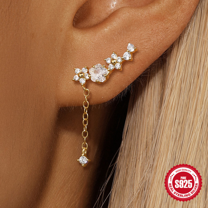 New S925 Sterling Silver Stone-Inlaid Petal Ear Hooks Ear Clips Hot Sale Small and Dynamic Zircon Pendant Earrings...