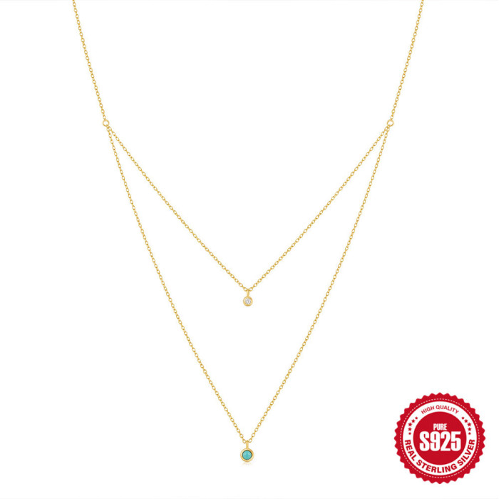 S925 Sterling Silver Double Layer Stacked Single Diamond Inlaid Turquoise Necklace European and American Hot Selling Fashion Daily Matching Clavicle Chain for Women
