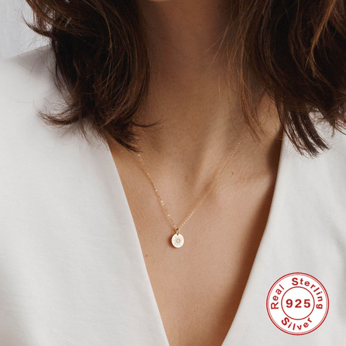 S925 Sterling Silver Fireworks Totem Round Pendant Collarbone Necklace European and American Cross-Border French Style INS Collarbone Chain Jewelry