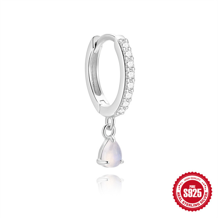 S925 Sterling Silver Natural Moonstone Claw Setting Pendant Hoop Earrings Korean Style Niche Diamond-Encrusted High-End Ear Cuffs Ear Jewelry