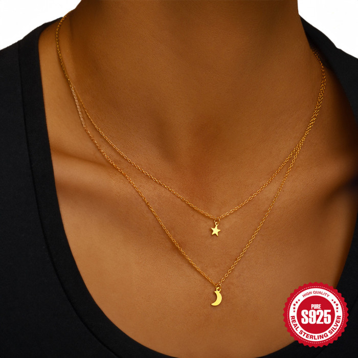 New 925 Sterling Silver Double Layer Stacked Star Moon Daily Matching Necklace European and American Hot Selling INS Niche Clavicle Chain