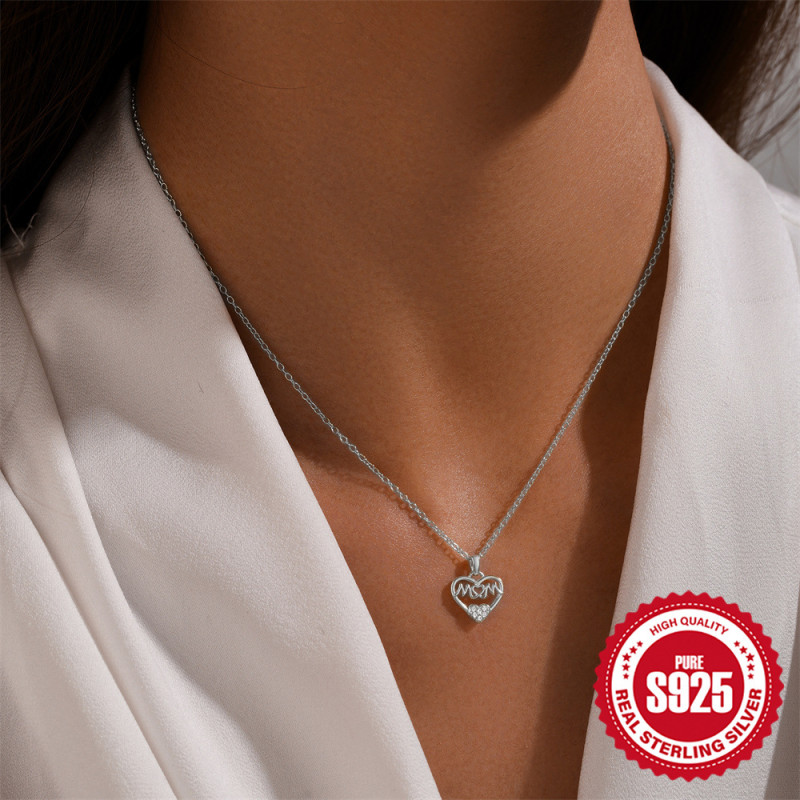 S925 Sterling Silver Heart-shaped English Letter Pendant Collarbone Necklace Amazon Hot-selling Diamond-studded Love Necklace Mother's Day