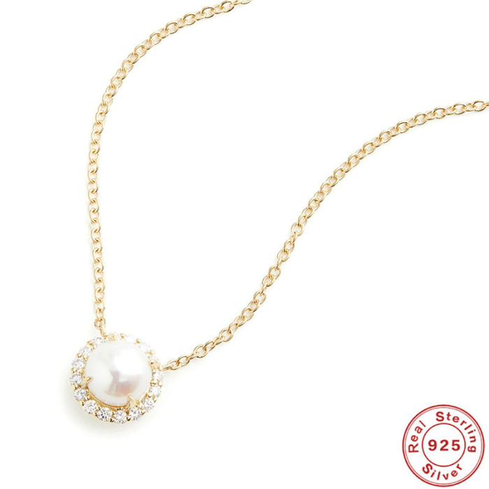 S925 Sterling Silver Round Diamond-Studded Pearl Pendant Collarbone Chain Korean and Japanese Niche High-End Versatile Layered Necklace Accessories