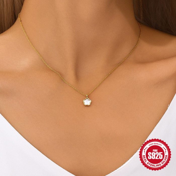 S925 Sterling Silver Petal White Shell Elegant Stone-Studded Collarbone Necklace Hollow Earrings Set Hot-Selling Ve...