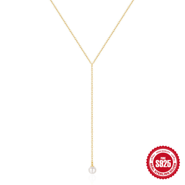 S925 Sterling Silver Y-shaped Pearl Collarbone Necklace for Women Korean Style Elegant Internet Celebrity TikTok Hot-...