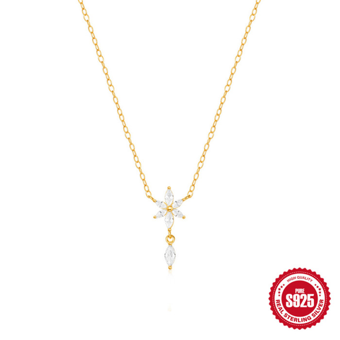 S925 Sterling Silver Marquise Zircon Floral Creative Versatile Collarbone Necklace European and American Cross-Border Hot-Selling Ins High-End Necklace