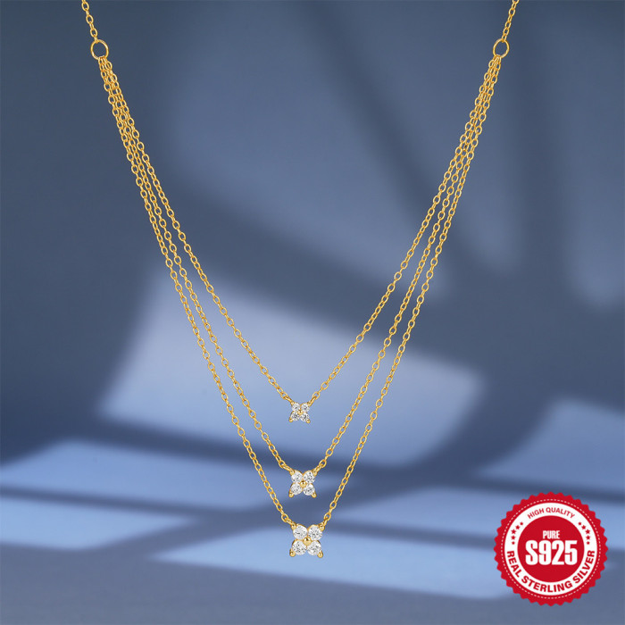 New S925 Sterling Silver Light Luxury Diamond-Encrusted Petal Three-Layer Stacked Collarbone Necklace European and American Hot-Selling Creative Necklace for Women
