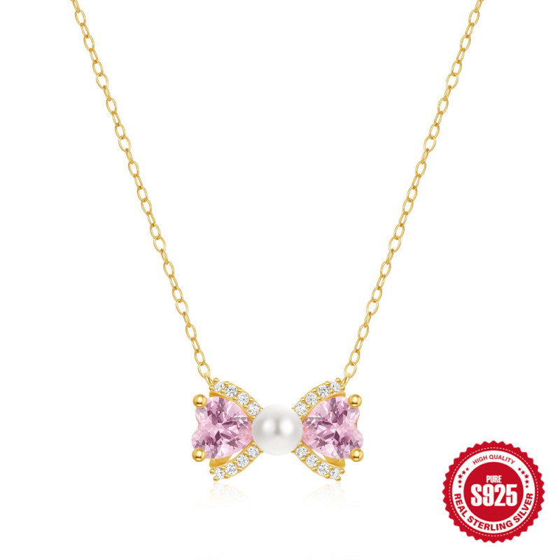 925 Sterling Silver Bowknot Pearl Necklace Sweet Light Luxury Ins Niche Design High-end Fashionable Temperament Collarbone Chain