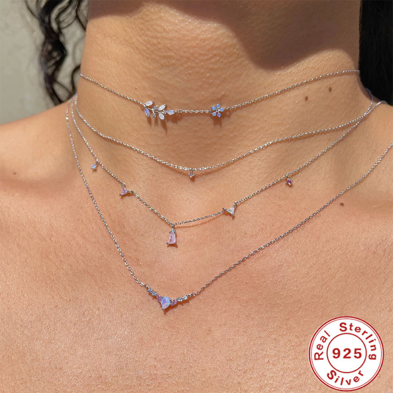 S925 Sterling Silver Colorful Layered Diamond-Studded Collarbone Necklace European and American Hot-Selling INS High-End Zircon Necklace for Women