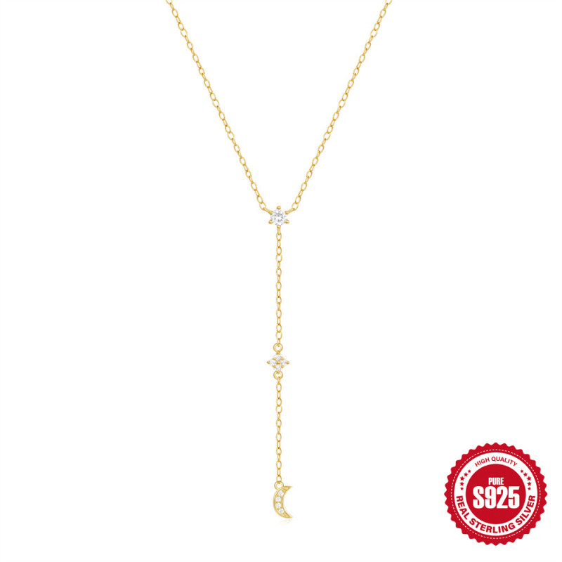 S925 Sterling Silver Star Moon Y-shaped Pendant Necklace for Women Korean Version Ins Style Light Luxury Exquisite High-end Clavicle Chain
