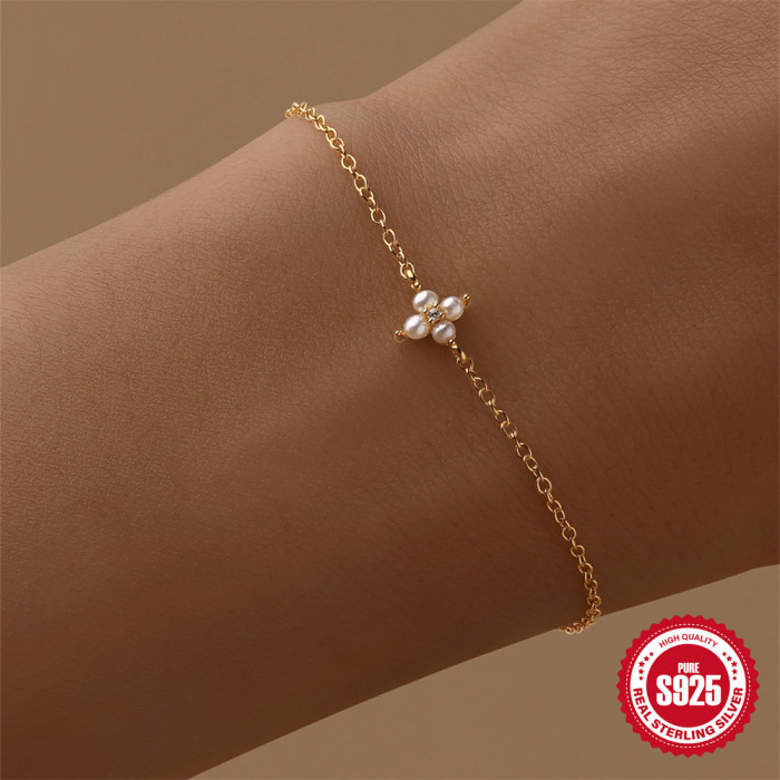 New S925 Sterling Silver Four-Leaf Clover Exquisite Diamond-Studded Pearl Necklace Bracelet Set Korean Version Niche...