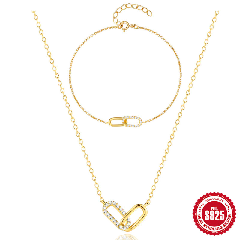 S925 Sterling Silver Cross Double Buckle Zircon Inlaid Diamond Collarbone Chain Bracelet Jewelry Set European and American Hot-Selling Elegant Accessories for Women