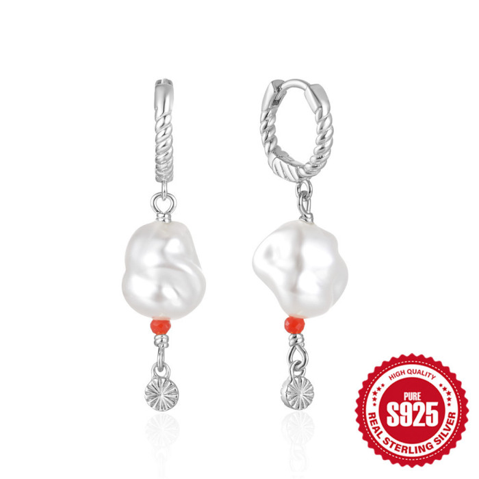 New 925 Sterling Silver Braided Hoop Earrings Irregular Shell Beads Versatile Hoop Earrings Fashionable Creative Temp...