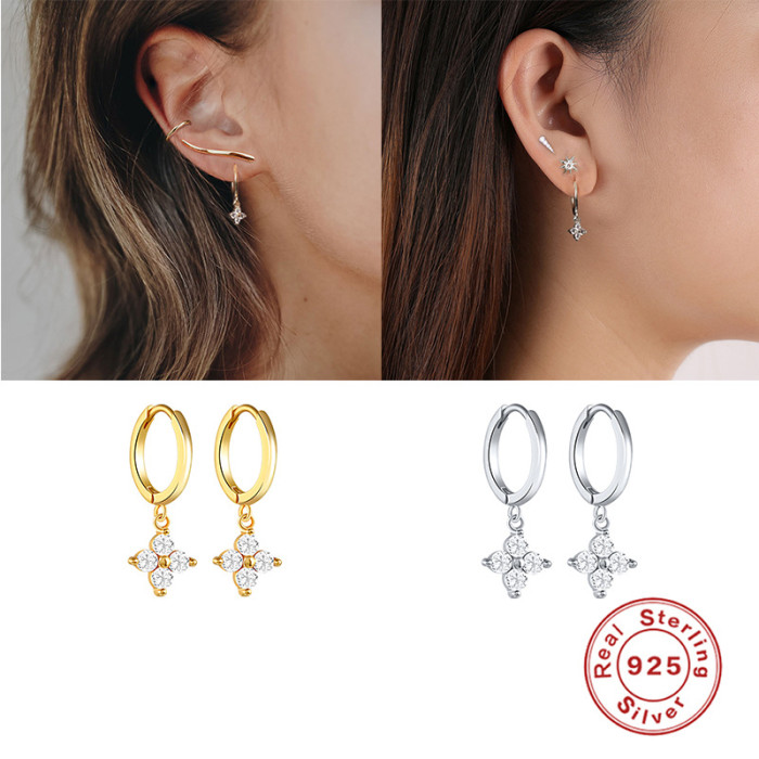 925 Sterling Silver INS Style Diamond-Encrusted Geometric Earrings for Women, European and American Hot-Selling Light Luxury Elegant Versatile Hoop Earrings, Ear Clips, Ear Jewelry