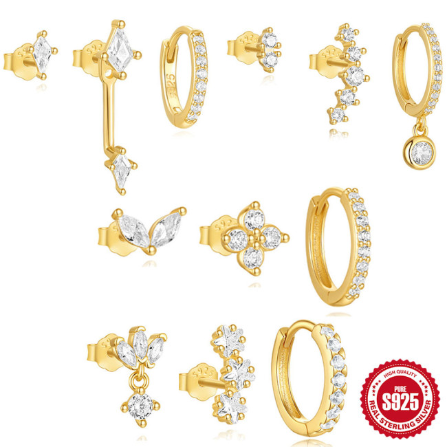 S925 Sterling Silver Inlaid Diamond Light Luxury Hoop Petal Stud Earrings Jewelry Set European and American Cross-Border Hot Selling Minimalist Earrings