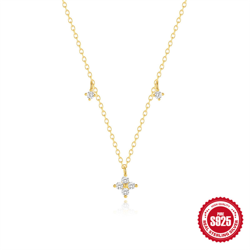 New S925 Sterling Silver Petal Layered Necklace European and American Exquisite High-end Light Luxury Four-leaf Flower Inlaid with Sparkling Diamonds Collarbone Chain