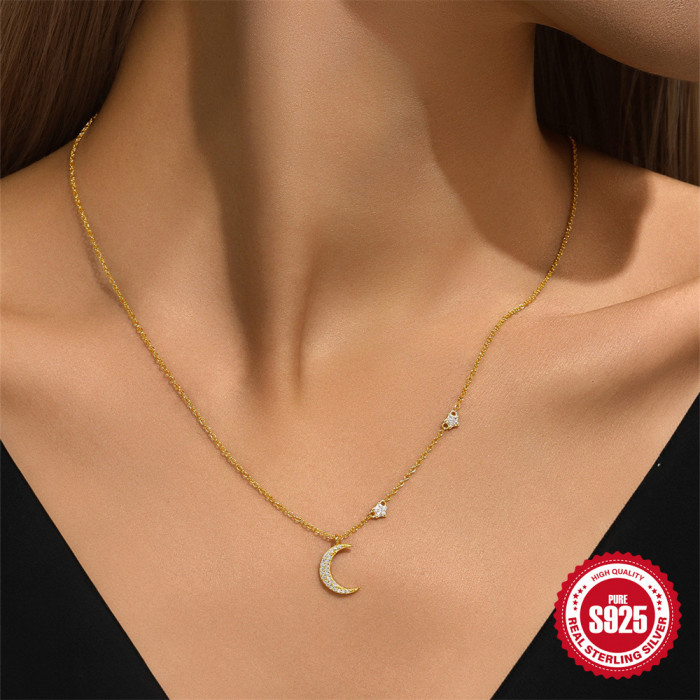 S925 Sterling Silver Classic Moon Pentagram Inlaid Diamond Collarbone Chain Korean Version Niche Design High-end Versatile Necklace for Women