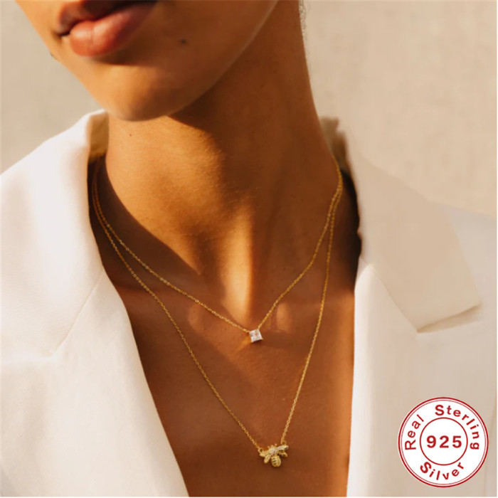 S925 Sterling Silver Square Four-Prong Marquise Colorful Stone-Inlaid Collarbone Necklace Elegant French Style Coll...