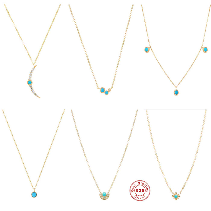 S925 Sterling Silver Turquoise Moon Fan-shaped Pendant Clavicle Chain European and American French Style INS High-end Necklace Jewelry