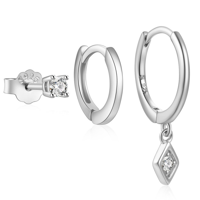 Hot Selling 925 Sterling Silver Daily Elegant Matching Stone-Studded Hoop Earrings Set Smooth Minimalist Ear Cuffs,...
