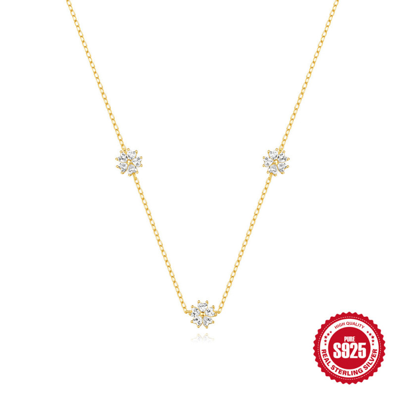S925 Sterling Silver Heart Diamond Inlaid Five-Petal Flower Element Necklace European and American Cross-Border Hot-Selling Elegant Summer Versatile Collarbone Chain