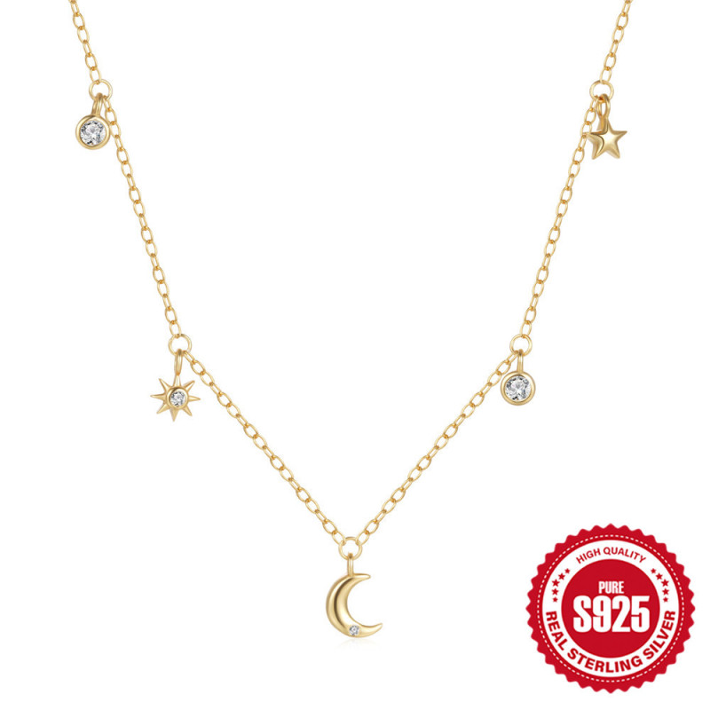 925 Sterling Silver Classic Star Moon Inlaid Diamond Layered Women's Necklace European and American Cross-Border Hot-Selling Fashion INS Collarbone Chain