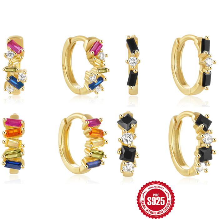S925 Sterling Silver Irregular Geometric Colorful Zircon Earrings for Women Hoop French Style Bohemian Earrings