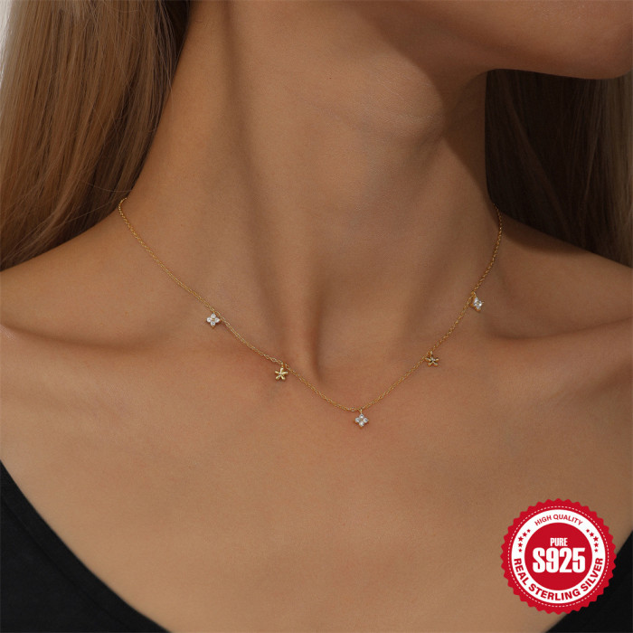 925 Sterling Silver Summer Fresh Flower Inlaid Diamond Layered Collarbone Chain European and American Cross-Border Hot Selling INS Design Necklace