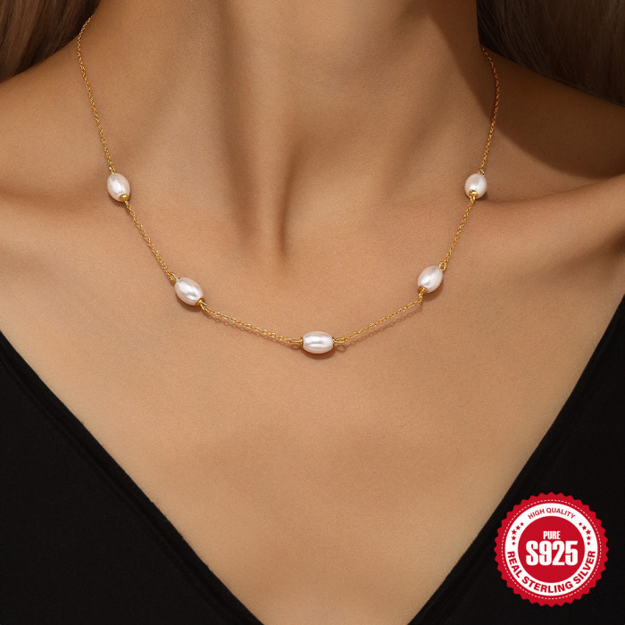 S925 Sterling Silver Pearl Necklace for Women, Niche Design Fashion Collarbone Chain, High-End Simple and Elegant Versatile Necklace