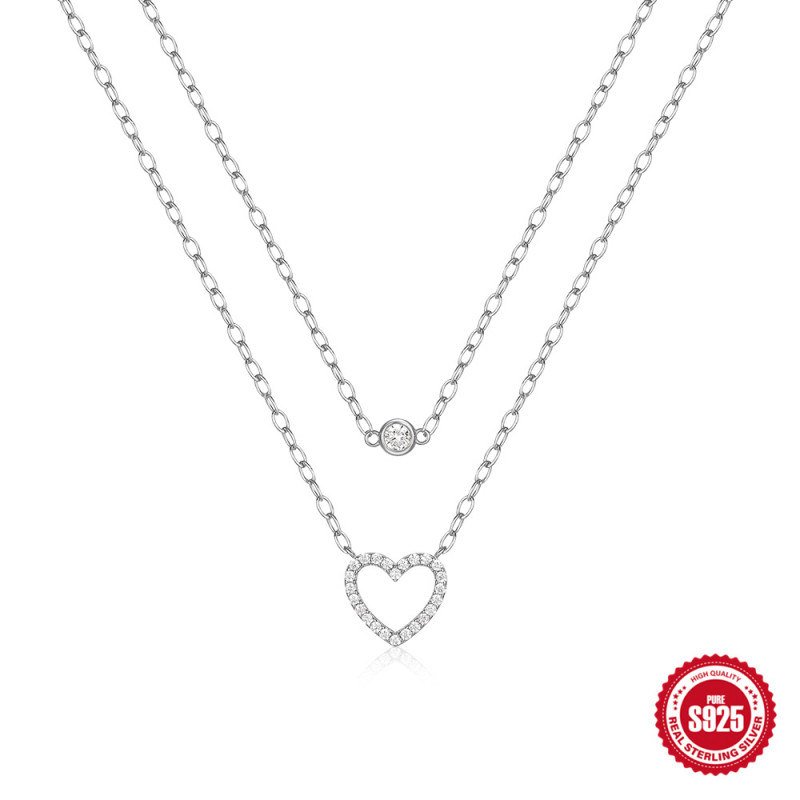 S925 Sterling Silver Double Layer Stacked Diamond Heart Necklace European and American Fashion Trendy Ins Style Street Style Collarbone Chain Necklace
