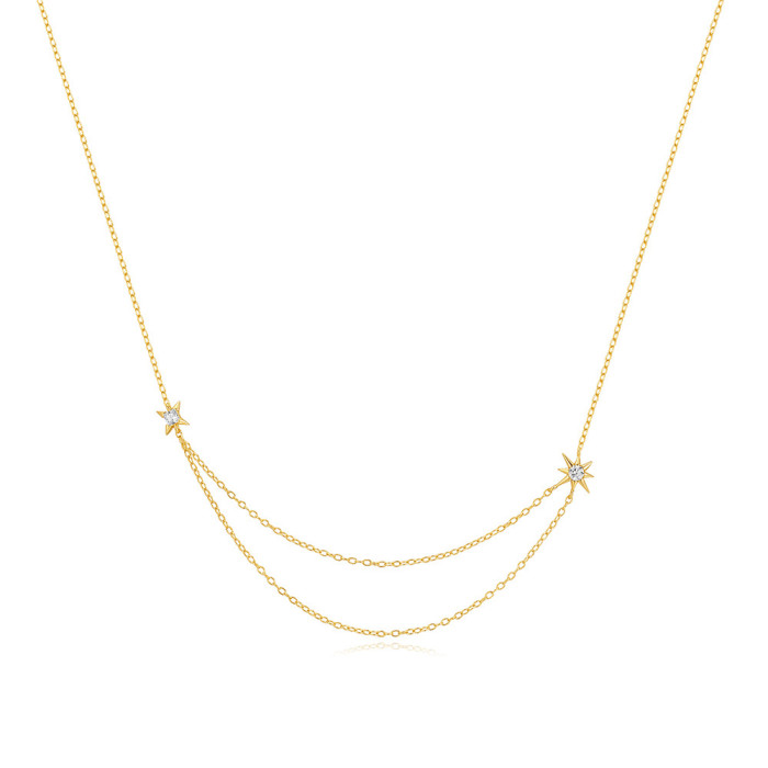 S925 Sterling Silver Inlaid Diamond Eight-Pointed Star Double Layer Stacked Collarbone Chain Amazon Hot-Selling Elegant Versatile Four-Pointed Star Necklace