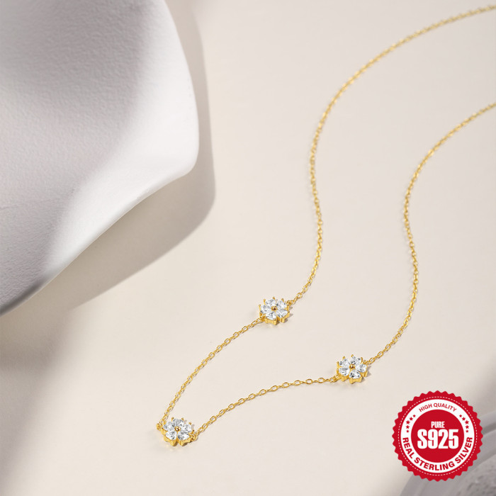 S925 Sterling Silver Heart Diamond Inlaid Five-Petal Flower Element Necklace European and American Cross-Border Hot-Selling Elegant Summer Versatile Collarbone Chain
