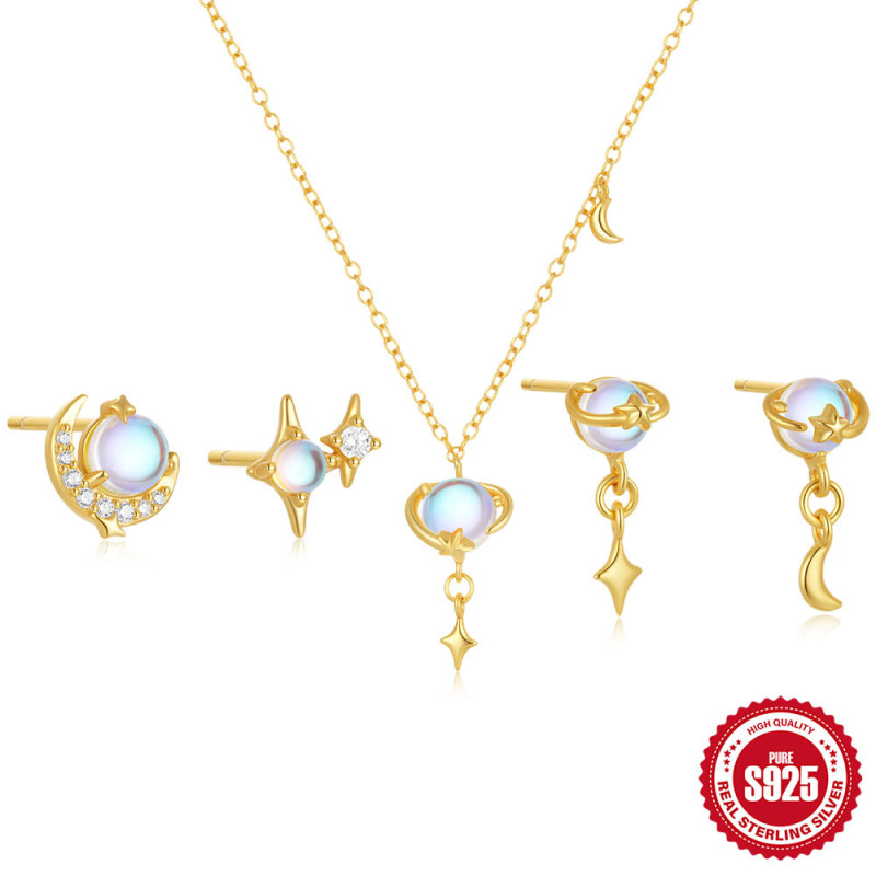 S925 Sterling Silver Planet Moonstone Elegant High-end Necklace and Earring Set European and American Hot-selling Diamond-studded Moon Earrings for Women