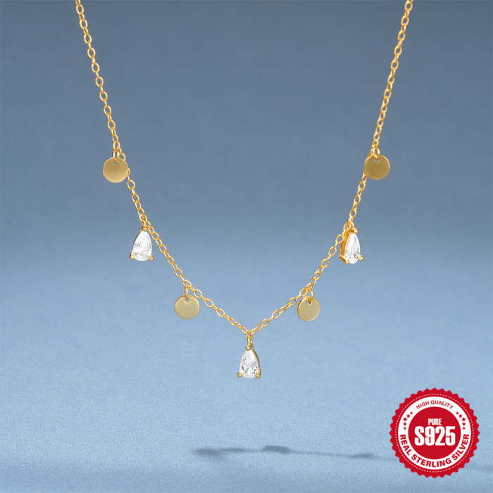 S925 Sterling Silver Layered Water Drop Inlaid Diamond Round Pendant Women's Collarbone Chain European and American Cross-Border Hot Selling INS Minimalist Style Necklace