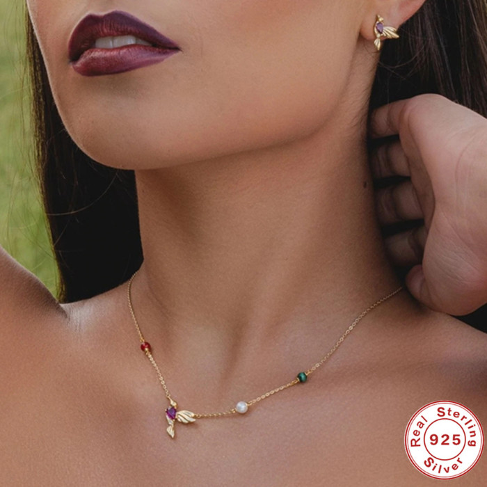 S925 Sterling Silver Inlaid Diamond Opal Turquoise Hummingbird Pendant Necklace European and American Hot-Selling Trendy Coral Collarbone Chain Necklace Jewelry