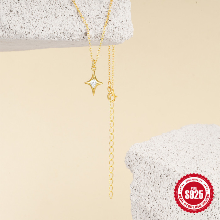 New S925 Sterling Silver Star Stone-Inlaid Light Luxury Collarbone Chain Niche Design High-end Sweater Chain Versat...