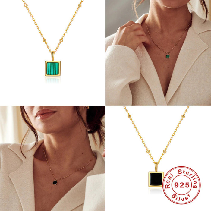 S925 Sterling Silver Square Natural Stone Pendant Collarbone Necklace European and American Hot Sale Agate Malachite Pendant Collarbone Chain for Women